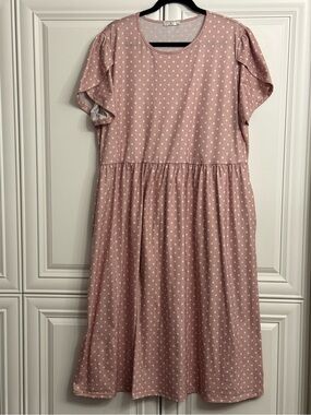 Plus Size 2X Polka Dot Pink and White Midi Dress Round Neck Pockets